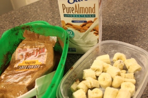 Unsweetened almond milk, frozen bananas, and carob powder. 