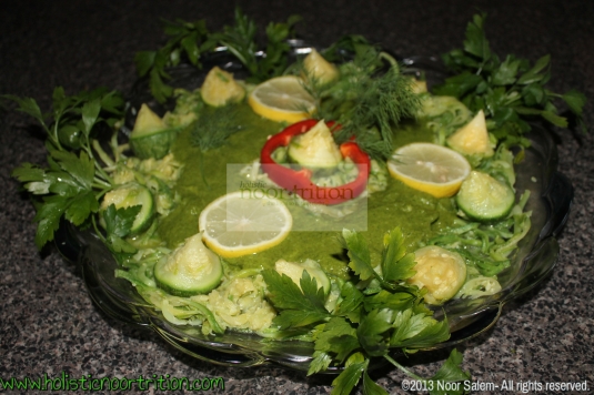 Garnish with lemons, fresh dill, parsley, and red peppers.